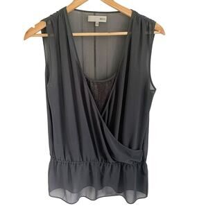 HEED Grey Sequin Semi Sheer Overlay Crossover Tank Top Blouse Womens Medium